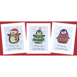 Three Happy Penguins Cross Stitch Christmas Card Kits (Set of 3)