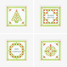 Green and Red Holly Cross Stitch Christmas Card Kits - Set Of 4