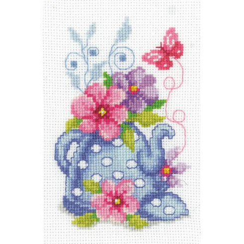 Blue Tea Pot & Flowers Cross Stitch Kit