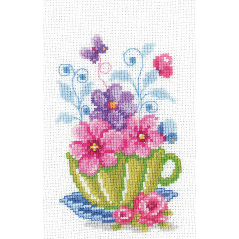 Green Tea Cup & Flowers Cross Stitch Kit