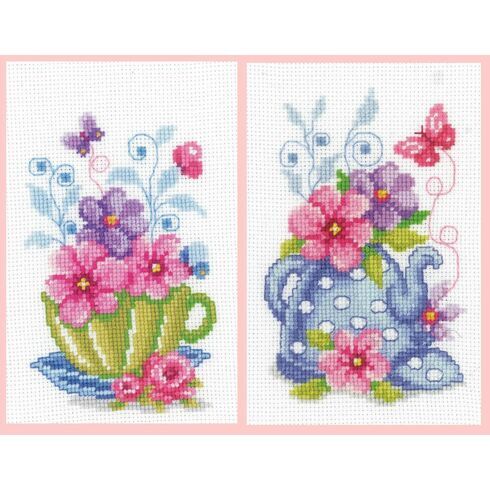 Set of 2 Green Tea Cup & Blue Teapot Cross Stitch Kits