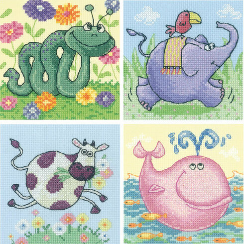Cross Stitch Critters Set Of 4 Kits - Cow, Elephant, Whale & Snake