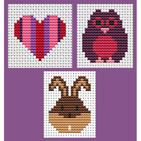 Easy Peasy Set Of 3 Children's Cross Stitch Kits - Heart, Owl & Bunny