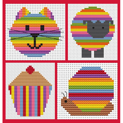 Sew Simple Set Of 4 Stripey Cross Stitch Kits - Cat Head, Cupcake, Sheep & Snail
