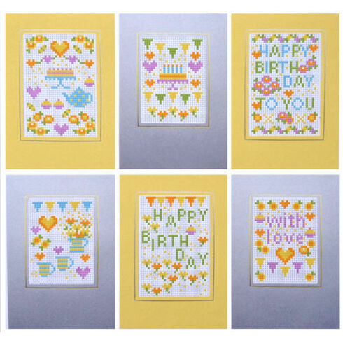 Happy Birthday Yellow Cross Stitch Card Kits (set of 6)