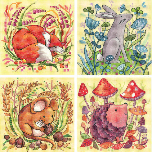 Set Of 4 Woodland Creatures Cross Stitch Kits