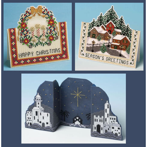 Set Of 3 3D Christmas Card Cross Stitch Kits (Christmas Village, Christmas Ring & Bethlehem Night)
