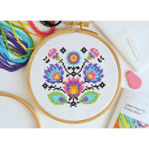 Beginners Folk Flowers - Learn How To Cross Stitch Complete Tutorial Kit