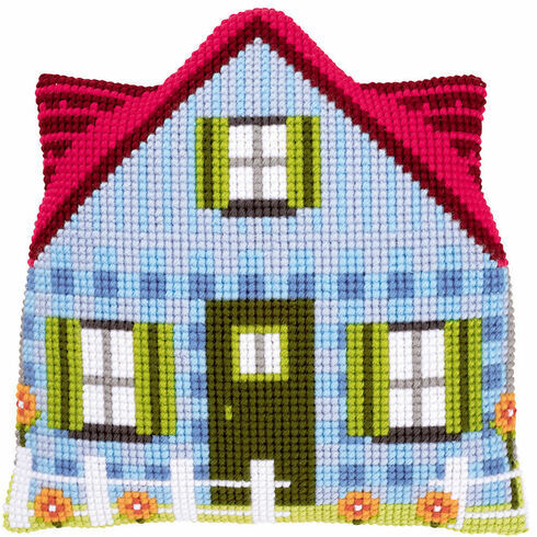 Blue House Shaped Cushion Cover Cross Stitch Kit