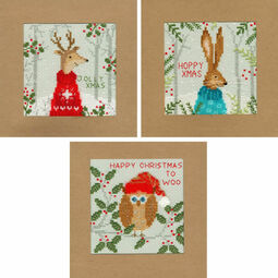 Xmas Deer, Hare & Owl Cross Stitch Christmas Card Kits