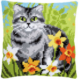 Cat Between Flowers Chunky Cross Stitch Cushion Panel Kit