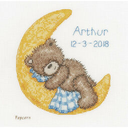 Popcorn Bear Sleeping On Moon Birth Sampler Cross Stitch Kit