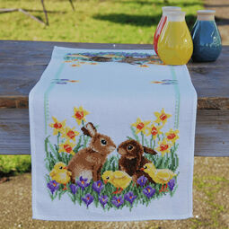 Rabbits With Chicks Cross Stitch Easter Table Runner Kit