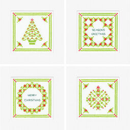Green and Red Holly Cross Stitch Christmas Card Kits - Set Of 4