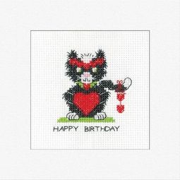 Black Cat Birthday Heart Greeting Card Cross Stitch Kit