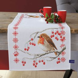Robin &amp; Berries Cross Stitch Table Runner Kit