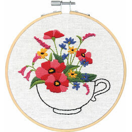 Cup Of Flowers Embroidery Hoop Kit
