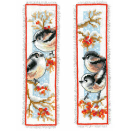 Long Tailed Tits & Red Berries - Set Of 2 Counted Cross Stitch Bookmark Kits