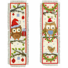 Owls In Santa Hats - Set Of 2 Counted Cross Stitch Bookmark Kits