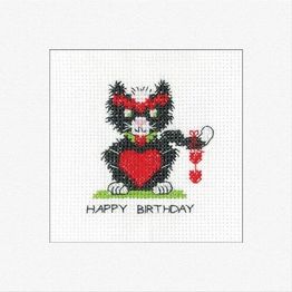 Black Cat Birthday Heart Greeting Card Cross Stitch Kit