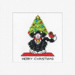 Black Cat Christmas Tree Hat Greeting Card Cross Stitch Kit