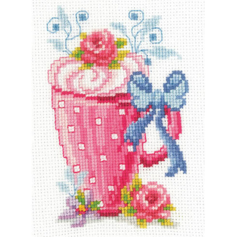 Pink Latte Coffee Cup & Flowers Cross Stitch Kit