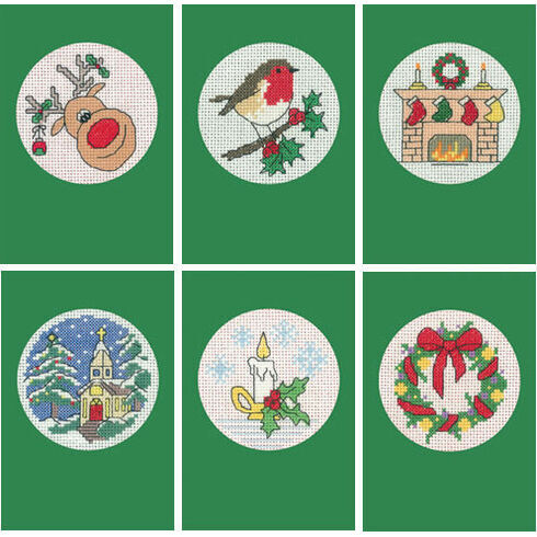 Set Of Six Green Cross Stitch Christmas Card Kits