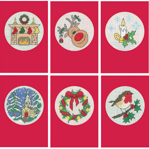 Set Of Six Red Cross Stitch Christmas Card Kits