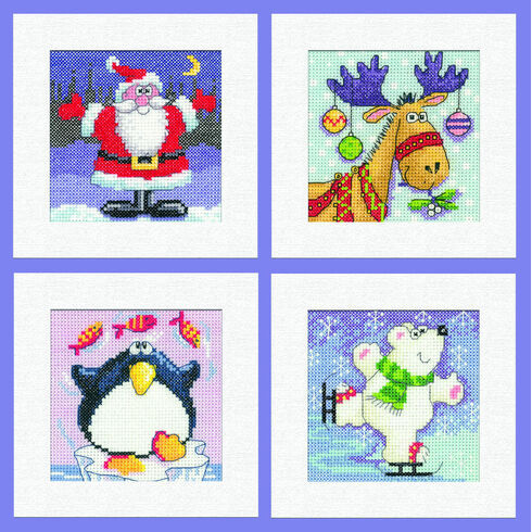 Set Of 4 Square Christmas Card Cross Stitch Kits