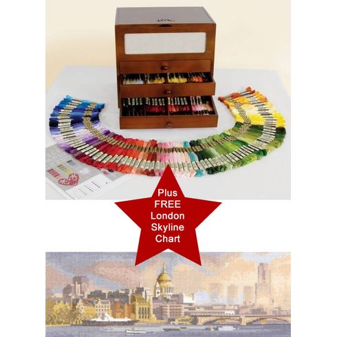 DMC Wooden Collectors Box With 150 Skeins Of Thread Plus FREE London Skyline Chart