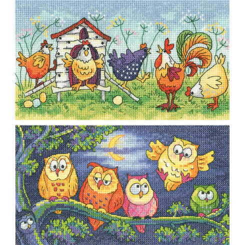 Happy Hens & Hoot Of Owls Set Of 2 Cross Stitch Kits