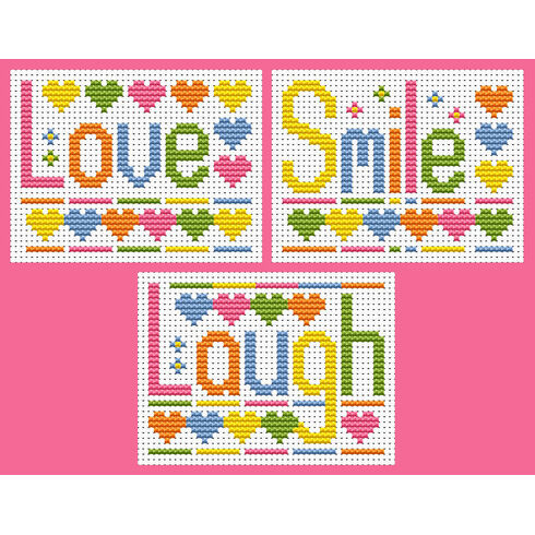 Sew Simple Set Of 3, Laugh, Love, Smile Cross Stitch Kits