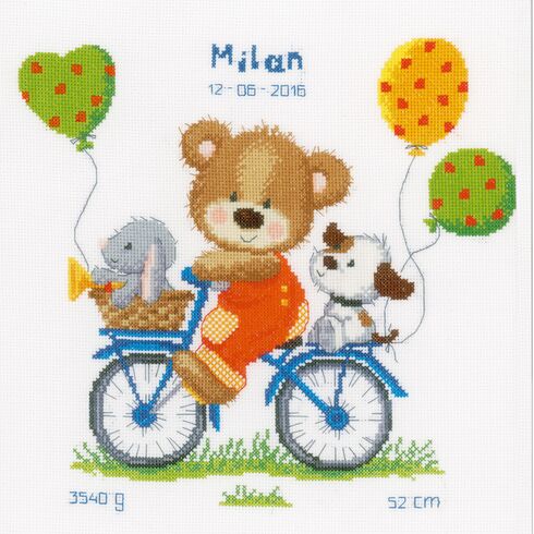 Cycling Bear Cross Stitch Birth Record Kit