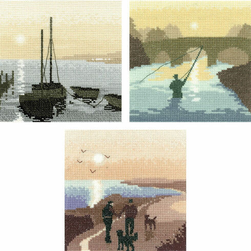 Heritage Crafts Set Of 3 Silhouette Cross Stitch Kits - Safe Harbour, Morning Walk, The Angler