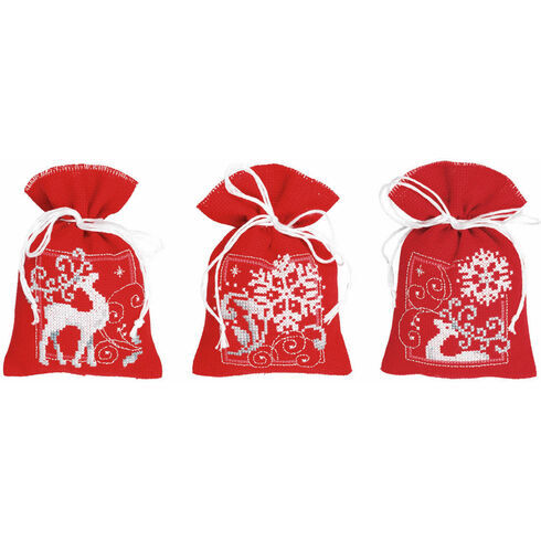 Deer With Snowflakes On Red Pot Pourri Bags Set Of 3 Cross Stitch Kits
