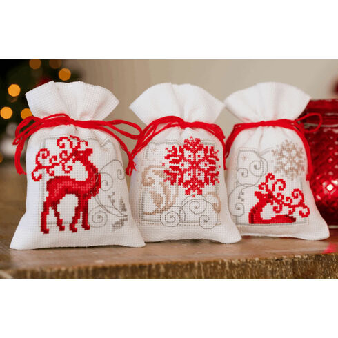Deer with Snowflakes On White Pot Pourri Bags Set of 3 Cross Stitch Kits