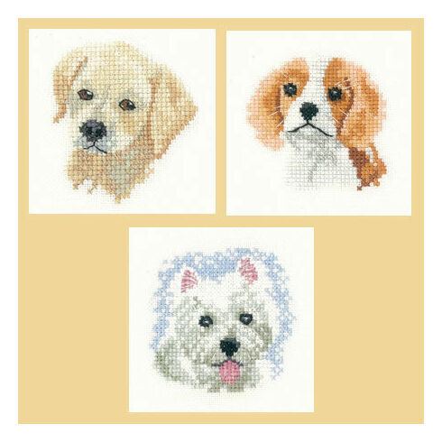 Little Friends Set Of 3 Cross Stitch Kits - Labrador Puppy, Spaniel Puppy, Westie Puppy