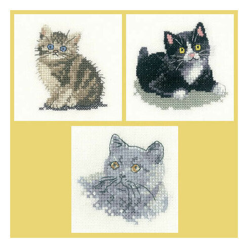 Little Friends Set Of 3 Cross Stitch Kits - Black & White Kitten, Tabby Kitten, British Blue