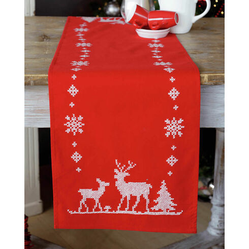 Christmas Reindeer On Red Embroidery Table Runner Kit