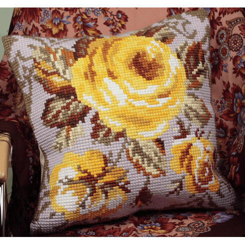 Antique Rose Yellow Chunky Cross Stitch Cushion Panel Kit