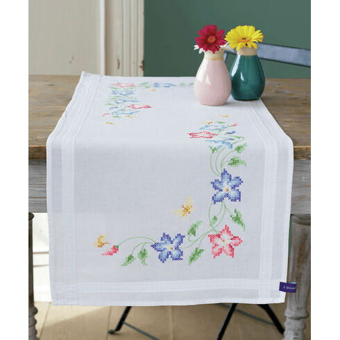 Pink And Blue Flowers Cross Stitch Table Runner Kit
