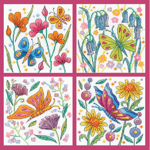 Colourful Butterflies Cross Stitch Kits Set Of 4 - Blue, Green, Orange and Red