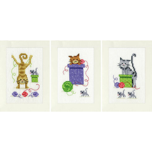 Playful Cats Set Of 3 Greetings Cards Cross Stitch Kit