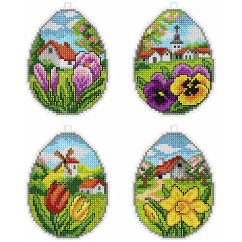Spring Floral Easter Eggs Cross Stitch Ornaments Kit (Set of 4)