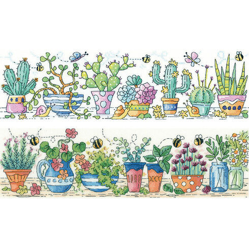 Set Of 2 Cactus Garden & Herb Garden Cross Stitch Kits