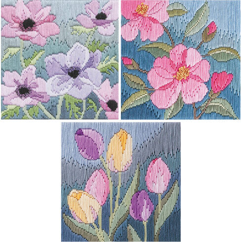 Set Of 3 Floral Long Stitch Kits