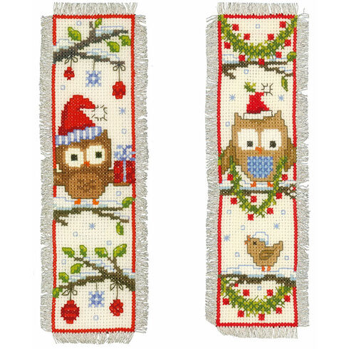 Owls In Santa Hats - Set Of 2 Counted Cross Stitch Bookmark Kits
