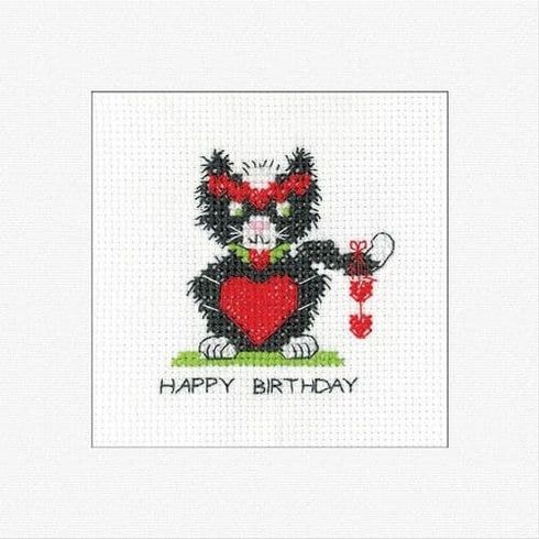 Black Cat Birthday Heart Greeting Card Cross Stitch Kit