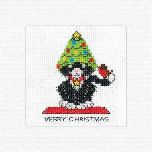 Black Cat Christmas Tree Hat Greeting Card Cross Stitch Kit